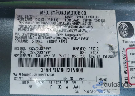 2012 Ford Fusion Sel из США, поврежденный, VIN 3FAHP0JA8CR319808